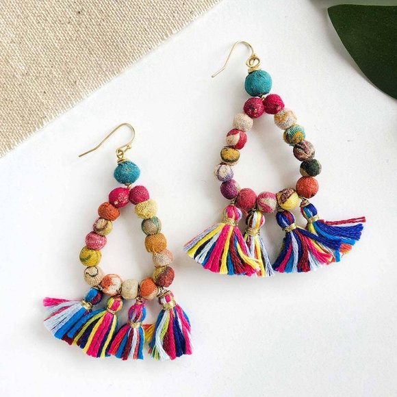 World Finds Kantha Fringe Tassel Earrings - Picture 2 of 4